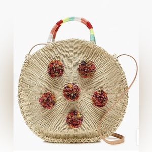 J. Crew Circle Straw Tote Crossbody 13" Handbag Round Pom Poms